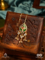 SHRINGARIKA - THE ADORNED ONE- ELEGANT PEARL MAANGTIKA WITH GREEN ENAMEL DROP, KUNDAN AND BEADS