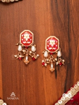 ABHARANI - THE ADORNED QUEEN- FINE TRADITIONAL KUNDAN EARRINGS WITH RED ENAMEL WORK, PEARL AND BEADS