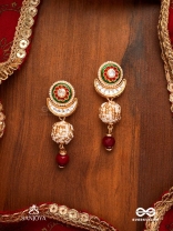 SHASHIRATNA - MOON GEM- MINIMALISTIC KUNDAN ENAMEL EARRINGS WITH FLORAL CENTER, PEARL SPHERES AND CELESTIAL DESIGN