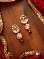 SHASHIRATNA - MOON GEM- MINIMALISTIC KUNDAN ENAMEL EARRINGS WITH FLORAL CENTER, PEARL SPHERES AND CELESTIAL DESIGN