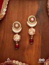 SHASHIRATNA - MOON GEM- MINIMALISTIC KUNDAN ENAMEL EARRINGS WITH FLORAL CENTER, PEARL SPHERES AND CELESTIAL DESIGN