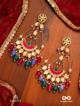 RANGAMAYA - FILLED WITH COLORS- INTRICATE KUNDAN CRESCENTS ENAMELLED EARRINGS WITH VIBRANT BEADED FRINGES AND PEARLS