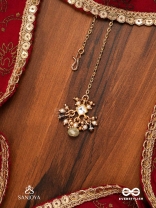 HARSHITA - THE JOYFUL ONE- DELICATE PEARL MAANGTIKA WITH MINI KUNDAN BLOOMS AND GREEN GEM DROPLETS