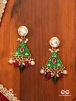 RANGLEKHA - LINES OF COLOR-  LAYERED GOLDEN CHAINED KUNDAN EARRINGS WITH VIBRANT GEM DROPS AND FLORAL ENAMELED EDGES