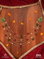 RANGLEKHA - LINES OF COLOR-  LAYERED GOLDEN CHAINED KUNDAN NECKPIECE WITH VIBRANT GEM DROPS AND FLORAL ENAMELED EDGES