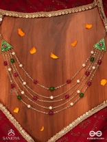 RANGLEKHA - LINES OF COLOR-  LAYERED GOLDEN CHAINED KUNDAN NECKPIECE WITH VIBRANT GEM DROPS AND FLORAL ENAMELED EDGES
