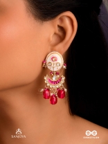 KAMALANGI - LOTUS-BODIED- FLORAL ENAMEL CENTRE DESIGN EARRINGS WITH TRIPLE CHAIN LAYERS AND RUBY BAEDS AND PEARLS