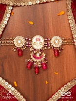 KAMALANGI - LOTUS-BODIED- FLORAL ENAMEL CENTRE DESIGN NECKPIECE WITH TRIPLE CHAIN LAYERS AND RUBY BAEDS AND PEARLS