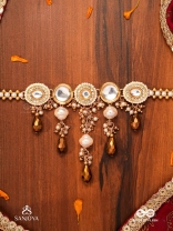 KANAKLEKHA - GOLDEN GLEAM- ROUND POLKI ACCENTED NECKPIECE WITH DEWY WHITE PEARLS AND WARM EARTHY TONE BEADS