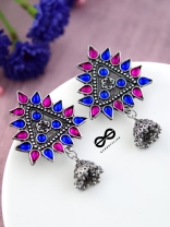 The Ethnic Wonders (Pink Blue) - Embellished Oxidised Earrings