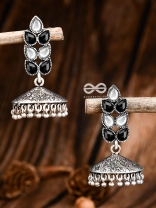 The Olive Branch Intricate Jhumkis - Black White - The Embellished Oxidised Collection