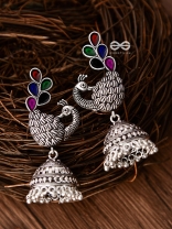The Enamelled Dancing Peacocks Meenakari Artwork Jhumkas - (Multicoloured)