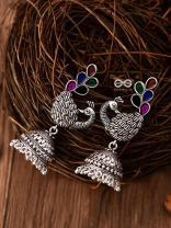 The Enamelled Dancing Peacocks Meenakari Artwork Jhumkas - (Multicoloured)