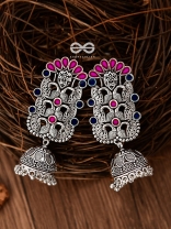 The Intricate Enamelled Peacocks Meenakari Artwork Jhumkas - (Pink-Blue)