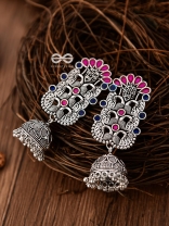The Intricate Enamelled Peacocks Meenakari Artwork Jhumkas - (Pink-Blue)