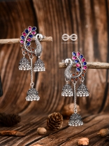 The Enamelled Peacocks Triple Jhumki Statement Earrings - Blue-Pink-Brown