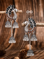The Enamelled Peacocks Triple Jhumki Statement Earrings - Black-Brown