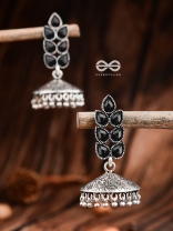 The Olive Branch Intricate Jhumkis - Onyx Black - The Embellished Oxidised Collection