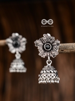 The Artsy Floral Jhumkis (Onyx Black) - Embellished Oxidised Collection