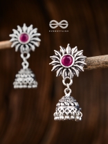 The Artsy Floral Jhumkis (Ruby Red) - Embellished Oxidised Collection