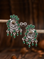 The Dangling Peacock Studs (Emerald Green) - Embellished Oxidised Collection