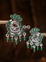 The Dangling Peacock Studs (Emerald Green) - Embellished Oxidised Collection