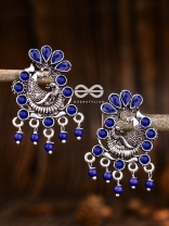 The Dangling Peacock Studs (Sapphire Blue) - Embellished Oxidised Collection