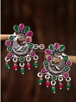 The Dangling Peacock Studs (Ruby Emerald) - Embellished Oxidised Collection