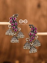 The Elegant Triple Jhumki Peacocks (Ruby Red) - Embellished Oxidised Collection