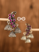 The Elegant Triple Jhumki Peacocks (Ruby Red) - Embellished Oxidised Collection