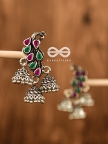 The Elegant Triple Jhumki Peacocks (Ruby-Emerald) - Embellished Oxidised Collection