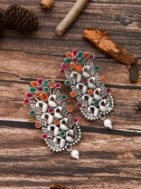 The Pretty Peacock Artwork - Oxidised Boho Earrings - Multicolour