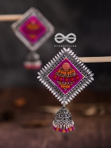 The Beaded Bohemian Square Jhumkas(Orange-Pink) - Embroidered Oxidised Collection