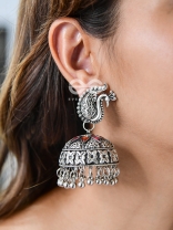 The Large Statement Peacock Jhumkas - Embellished Oxidised Collection