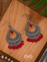 The Intricate Motif Drops - Oxidised Boho Earrings - Red