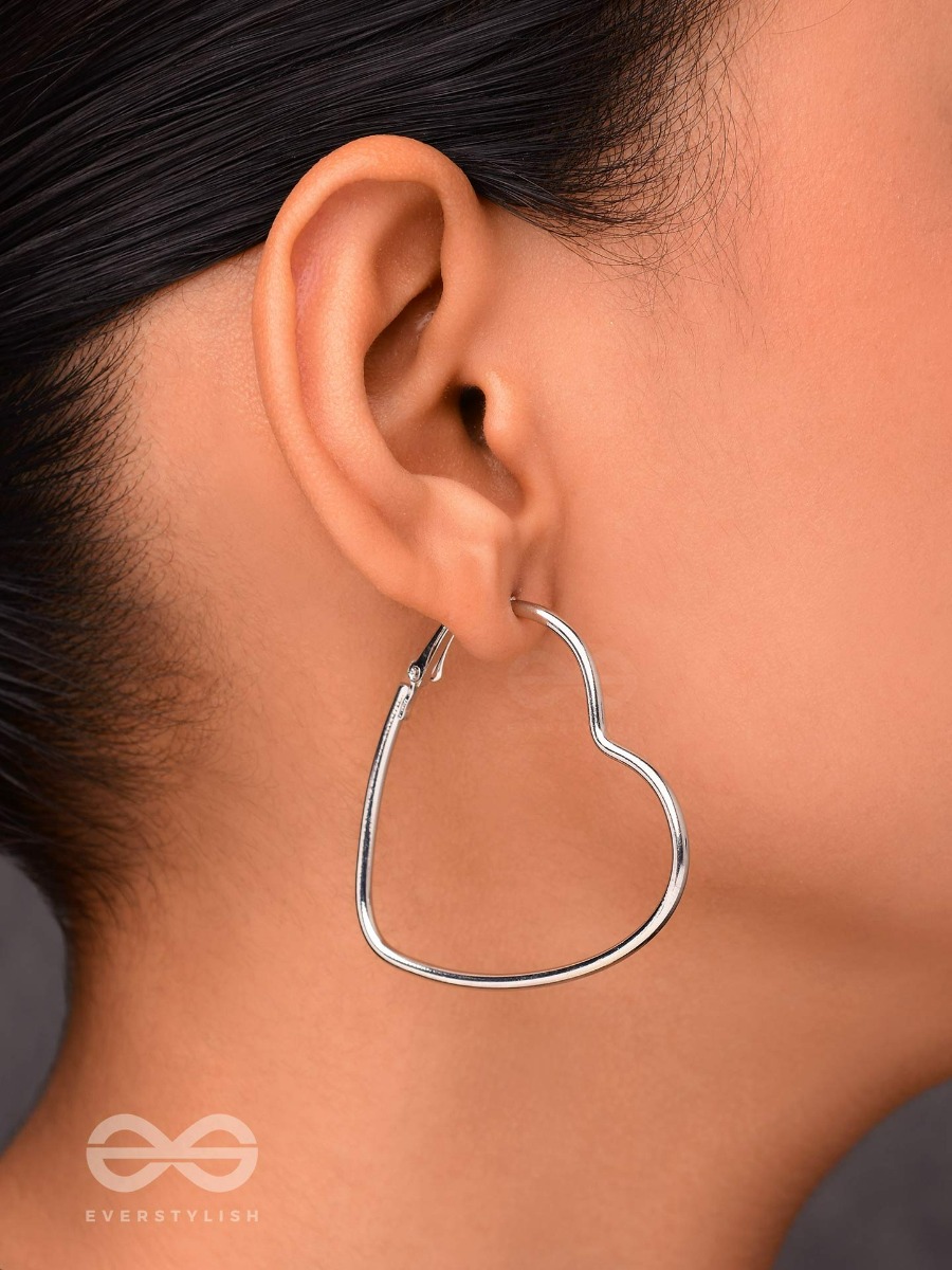 Love Me Like I do - Trendy Heart Hoops- Silver